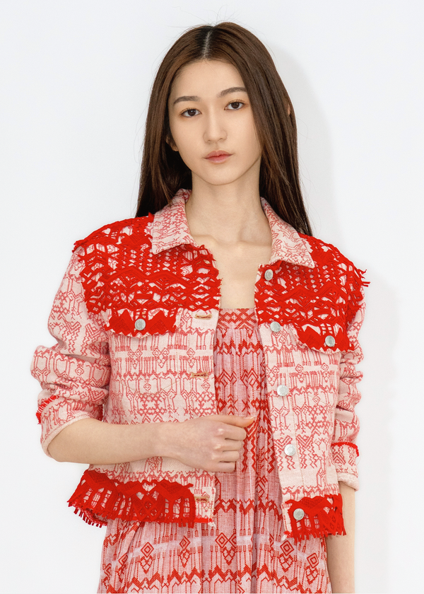 DEER JACQUARD DENIM JACKET WITH LACE